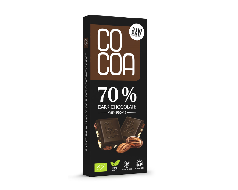 Ekologiškas juodasis šokoladas su riešutais Ekologiškas juodasis šokoladas 70 % su PEKANO riešutais, 40 g, COCOA - Image 1