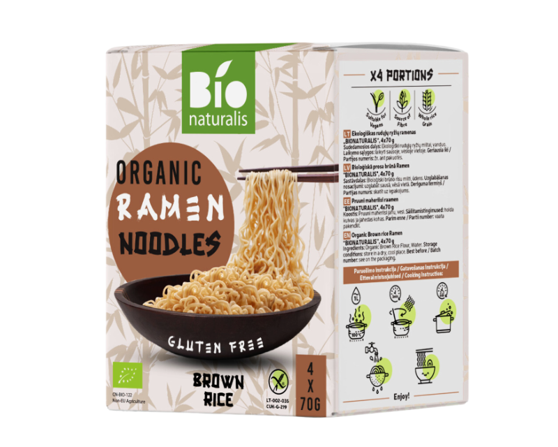 Ekologiški rudųjų ryžių makaronai Ramen, be glitimo, 70gx4vnt Ekologiški rudųjų ryžių makaronai Ramen, be glitimo, 70gx4vnt